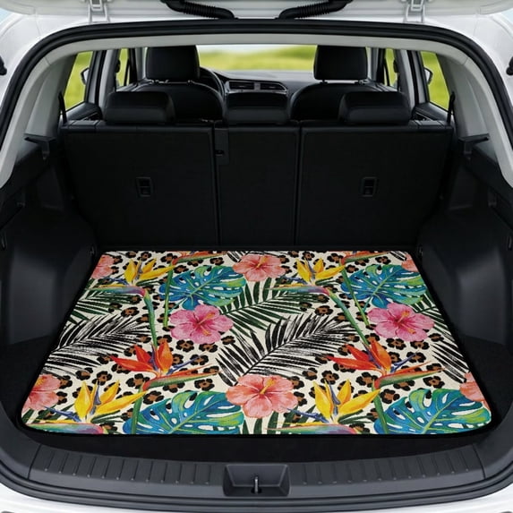 Yuyamidu Tropical Floral Car Trunk Mat, 29 Inch - 39 Inch All Weather Cargo Liner for SUV Sedan Truck, Non-Slip Stain Resistant Machine Washable Rear Trunk Floor Mat