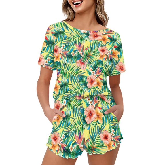 Yuyamidu Tropical Flower Green Leaf 2 Piece Summer Pajama Set for Women Soft & Comfortable Nightwear Crew Neck Sleep Top with Matching Shorts