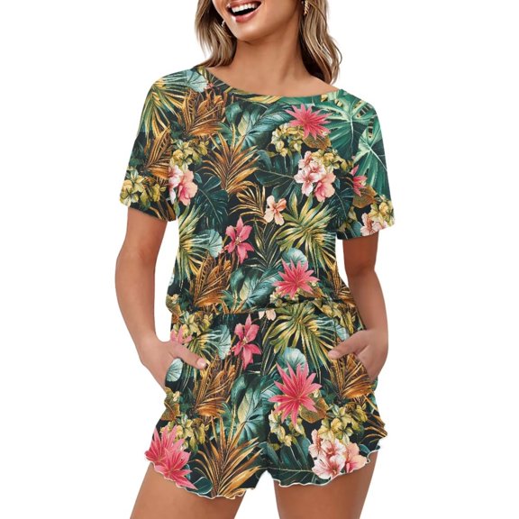 Yuyamidu Tropical Flowers Women's Pajama Set Summer Short Sleeve Top & Lounge Shorts Two Piece Soft Sleepwear Lounge Sets
