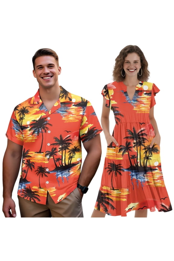Tropical Getaway Matching Outfits Palm Tree Theme Mens Hawaiian Print Shirts Womens Palm Tree Midi Dress Palm Tree His and Hers Outfits Beach Ruffle Sleeve, Size M