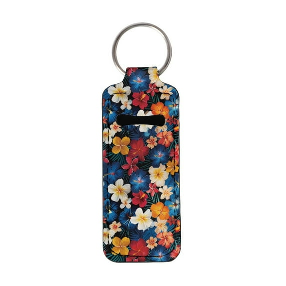 Yuyamidu Tropical Hibiscus Chapstick Holder Keychain Flowers Lipsticks Keyrings Pouch Neoprene Chapstick Keychain Holder Fashion Travel Lip Balm Holder for Women
