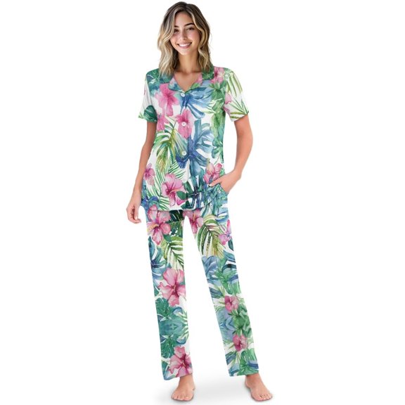Yuyamidu Tropical Palm Leaves Flowers Women's Sleepwear Set Lightweight & Breathable Nightwear for Summer Short Sleeve Notch Collar PJs with Long Pants