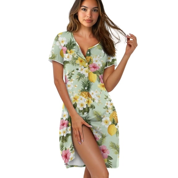 Yuyamidu Tropical Pineapple Women's Cotton Nightgown Sleepwear Button Down Sleepshirts Short Sleeves Soft Summer Pajama Dress