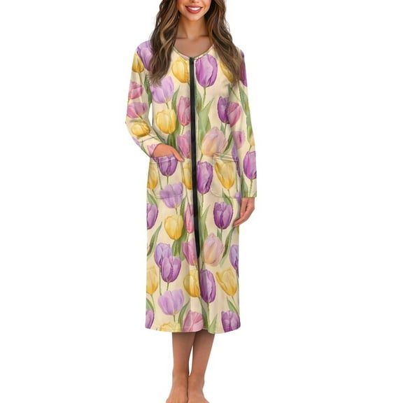 Yuyamidu Tulip Robe Womens Long Sleeve Robes Easter Bathrobe Knee Length Nightgowns Size 3XL Comfy Pajamas Sleepwear Soft Dressing Gown with Pockets