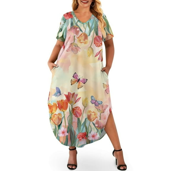 Yuyamidu Tulip Short Sleeve Maxi Dress for Women Plus Size XL Butterfly V Neck Dress with Pockets Casual Daily Wear Dresses Oversized Summer Long Length Dresses