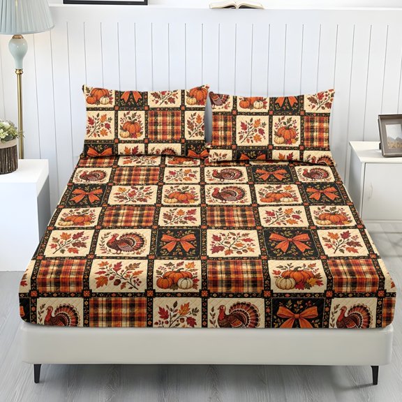 Yuyamidu Turkey Maple Leaves King Bedding Set, Fade-Resistant 3 Piece Sheet Set with Fitted Sheet & Pillowcases for Thanksgiving Buffalo Grid