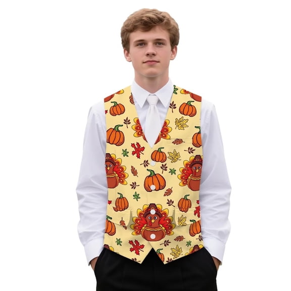 Yuyamidu Turkey Mens Suit Vest Pumpkin Business Casual Dress Waistcoat Vest Size 3XL Fall Thanksgiving Formal Wedding Vests for Suits or Tuxedo