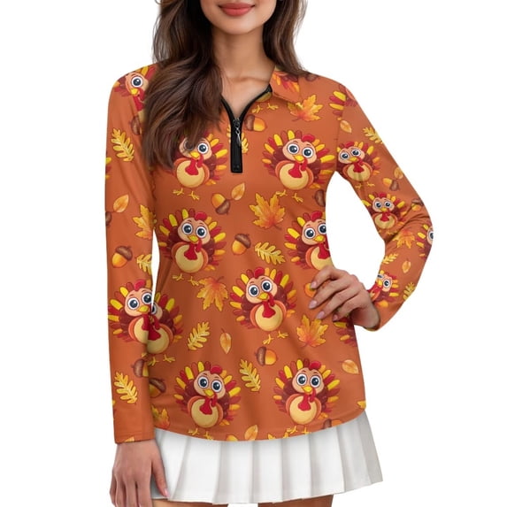 Yuyamidu Turkey Women Long Sleeve Golf Tennis Shirts Maple Leaves Quarter Zip V-Neck Athletic Shirts Slim Fit Athletic Sportswear Fall Thanksgiving Workout Tops Size L