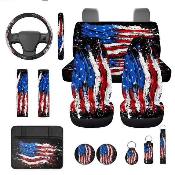 Yuyamidu USA Flag Car Seat Cover Set of 13, 4th of July Steering Wheel Cover Seatbelt Shoulder Pad Coaster Armrest Cover Cushion Keychain Automobile Interior Sets