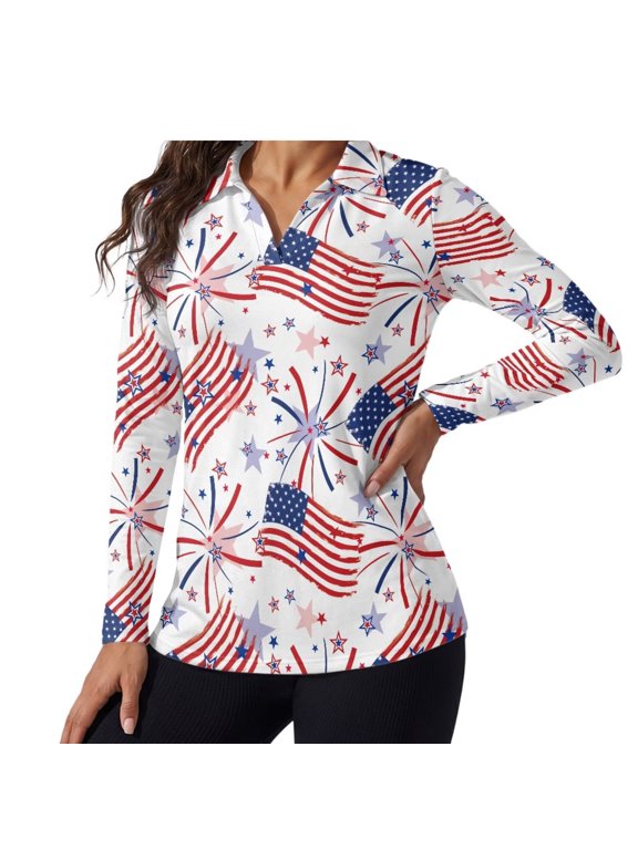 USA Flag Golf Shirts for Women Long Sleeve Sports Activewear Athletic Tennis Shirts Slim Fit Athletic Workout Tops, Moisture-Wicking Breathable Fabric, 4th of July Casual Daily Wear