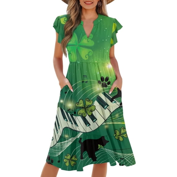 Yuyamidu V Neck Dress for Women St Patricks Day Dresses for Women Plus Size Stylish Flutter Ruffle Sleeve Tiered Swing Midi Dress in Green, Flowy and Casual, Size S