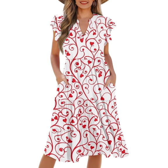 Yuyamidu Valentine Dress for Women Dresses Casual Dress for Women V Neck Ruffle Sleeve A-Line Midi Dress for Valentine's Day Date Night, Dinner, and Special Occasions, Size 2XL
