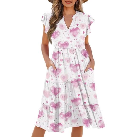 Yuyamidu Valentine's Day Dresses for Women Summer 2026 V Neck Ruffle Sleeve A Line Tiered Flowy Casual Trendy Midi Beach Dress with Pockets, Size XL