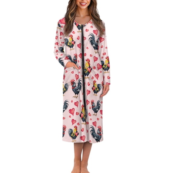 Yuyamidu Valentine's Day Zipper Front Robes Women House Coat Chicken Long Sleeve Bathrobe Pink Heart Spa Robe Size L Soft Crewneck Long Nightgowns Loose Loungewear Dress