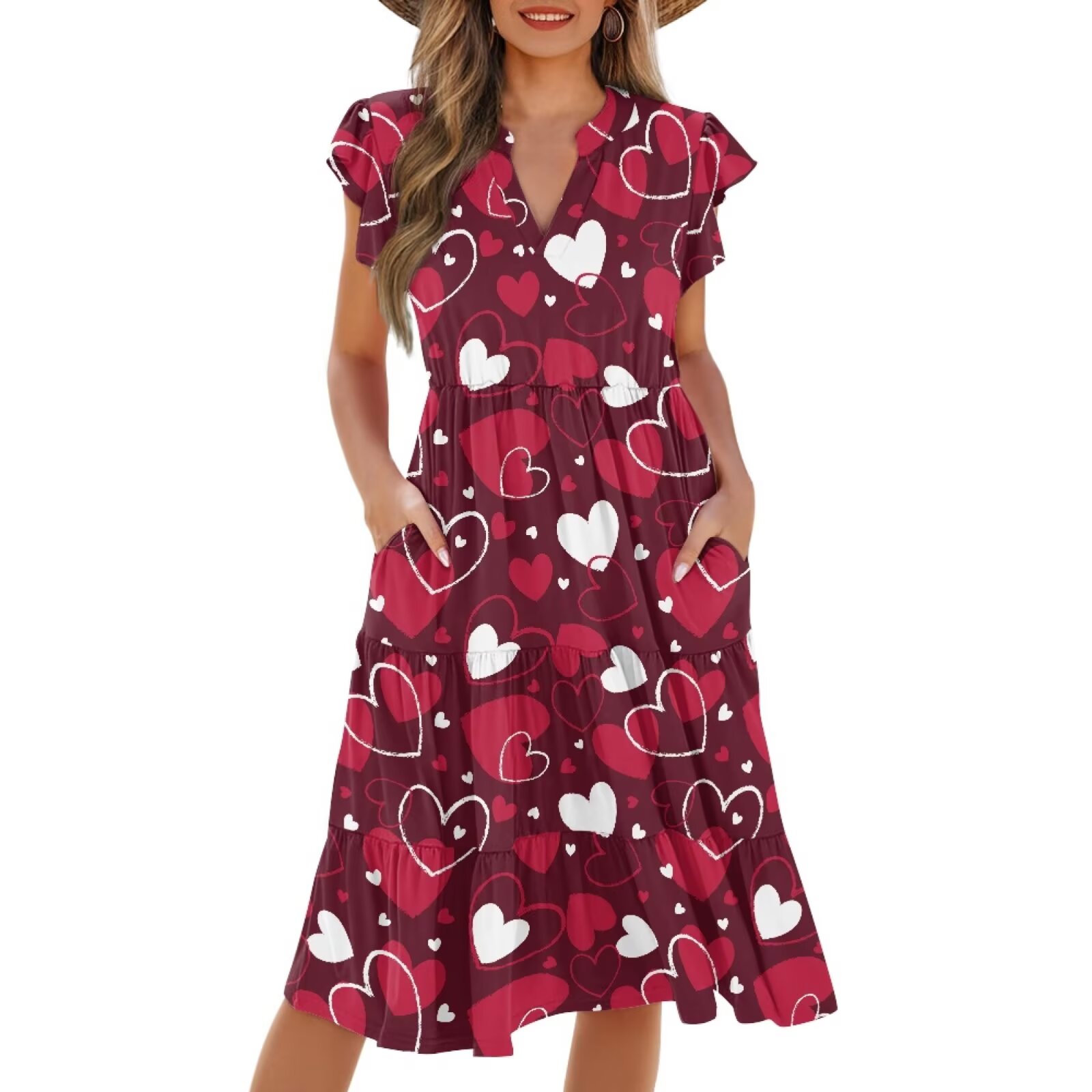 plus size red dress for valentine's day Yuyamidu Valentines Day Dress Women's Plus Size Dresses Red Heart Dress  Matching Valentines Day Outfits Ruffle Sleeve Empire Waist A Line Pleated  Midi Dresses, Size XL