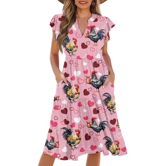 Yuyamidu Valentines Dresses Womens Midi Dresses Chicken Dress V Neck Swing Flowy Going Out Dress Wedding Guest V Neck Ruffle Sleeve A-Line Tiered Outfit, Size L