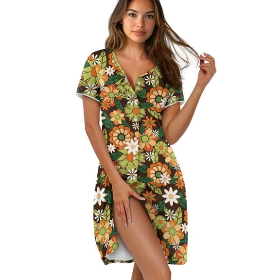 Yuyamidu Vintage Flowers Button Down Night Gowns for Women Short Sleeve Crew Neck Sleep Dress Nightwear Lounge Dress