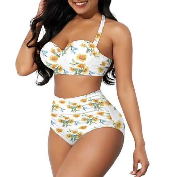 Yuyamidu Vintage Sunflowers Bikinis Sets for Women Comfy Sporty Swimsuits Size M Soft High Waisted Swimming Suits Tankini 2-pcs Crop Tops+High Waisted Briefs for Summer Beach