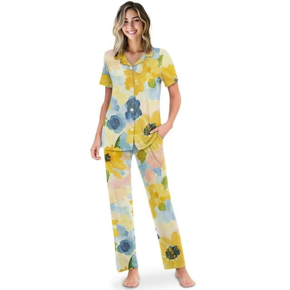 Yuyamidu Watercolor Flowers Pajama Set for Women 2 Piece Lounge Set Soft Sleepwear Short Sleeve Button Up Tops and Long Pants