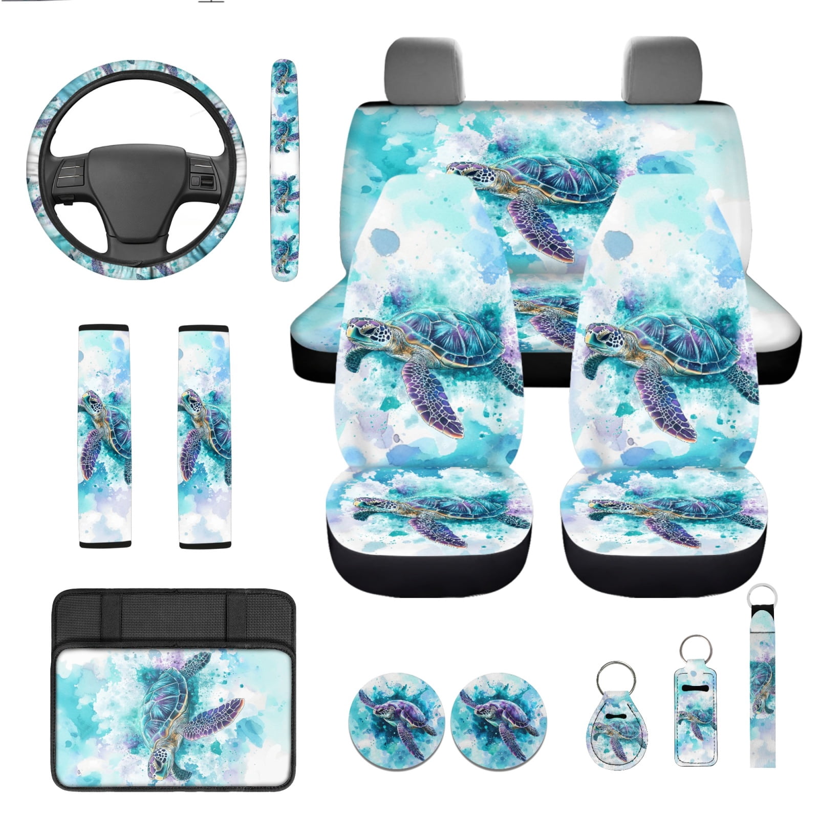 Yuyamidu Watercolor Sea Turtle Car Seat Cover Split Covers Blue Steering Wheel Cover Seatbelt Pads Auto Armrest Cover Key Ring Coasters Auto Decor Set of 13
