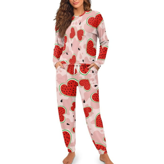 Yuyamidu Watermelon Nightwear for Women Pajama Set Pants Pink O-neck Pajamas Top Size 2XL Casual Long Sleeve Sleepwear Sets Heart Jogger Sport Wear Outfits 2 Piece