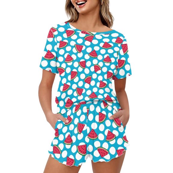 Yuyamidu Watermelon Women's Sleepwear Set Short Sleeve PJ Top & Comfort Shorts Lightweight Nightwear Pajamas, Blue