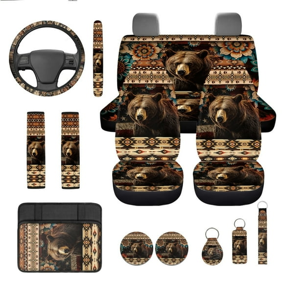 Yuyamidu Western Aztec Bear Car Seat Cover Set of 13 Cool Steering Wheel Cover Seat Belt Pad Car Coaster Armrest Cover Keychain for Truck Sedan