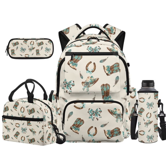 Yuyamidu Western Cowboy Print 17-Inch Kids Backpack Set, 4Pcs with Lunch Bag Pencil Case Water Bottle Sleeve for Teens Girls Boys Daily Use Travel