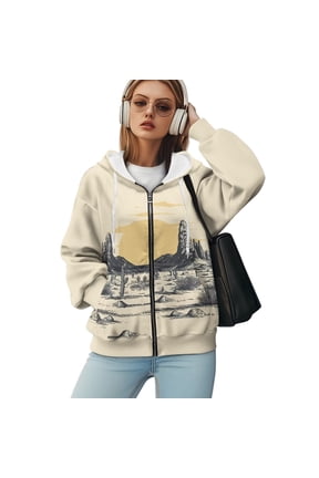 Western Hoodies for Women Zip Up Hoodie Yellowstone Sweatshirt Long Sleeve Oversized Casual Drawstring Drop Shoulder Sweatshirts Jacket with Pocket S