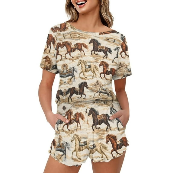 Yuyamidu Western Horse Womens Summer Pajama Set with Pockets 2 Piece Crew Neck Short Sleeve Top With Short Pants Sleepwear Brown Lounge Sets