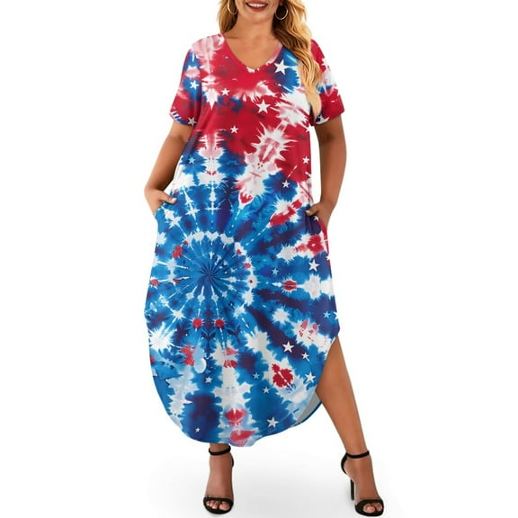 Yuyamidu Whilpool Tie Dye V Neck Dress with Pockets Casual Long Length Dresses Oversized Maxi Dress for Women Plus Size L Novelty V Neck Dress for Wedding Party, Red Blue