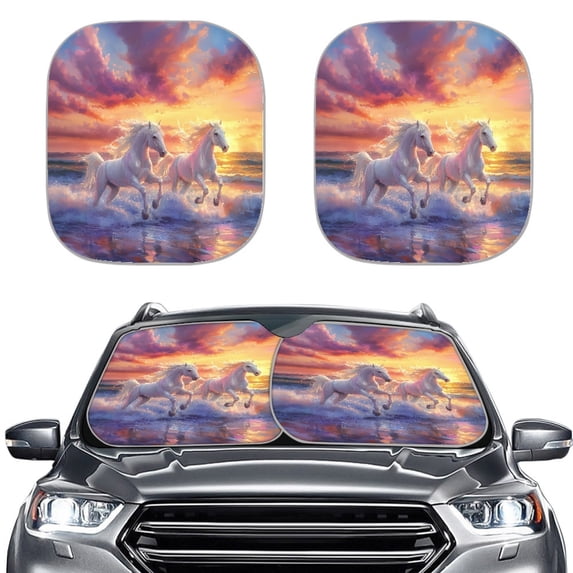 Yuyamidu White Horse Car Sunshade for Sedan SUV Truck Sunset Auto Car Window Shades Front Windshield Sun Shades 2 PCS Portable Windshield Shades Car Accessories