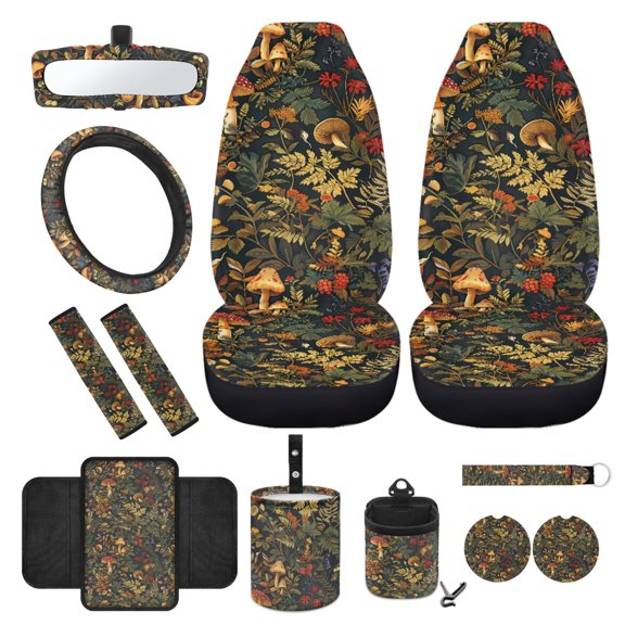 Yuyamidu Wild Mushroom Front Car Seat Covers Full Set with Steering Wheel Cover Seat Belt Covers Armrest Pad Trash Bag Hanging Air Vent Bag Rear View Mirror Cover Coasters Wrist Key Chain,12 PCS