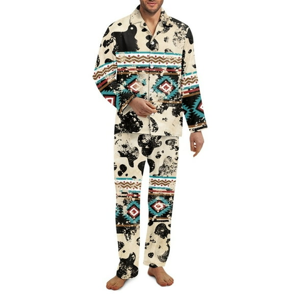 Yuyamidu Winter Button Down Pajama Set for Men Soft Clothing Pajamas Set of 2 Aztec Cow Print Lounge Wear Size 4XL Casual Button Sleepwear with Pockets