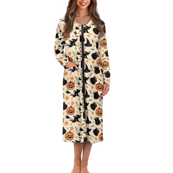 Yuyamidu Witch Front Zipper Bathrobe for Plus Size Women After Shower Robe for Spring Fall Winter Bath Robes Halloween Long Sleeve Nightgowns Dress Size XL