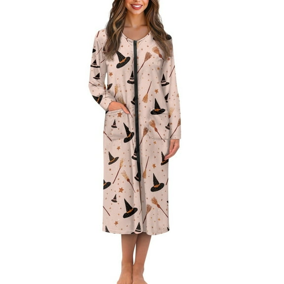 Yuyamidu Witch Hats Long Bath Robe for Women Pink Zipper Front Bathrobes Halloween Mid-Length Night Robe Size 4XL Ladies Pajama House Coat Lightweight Zip Nightgowns
