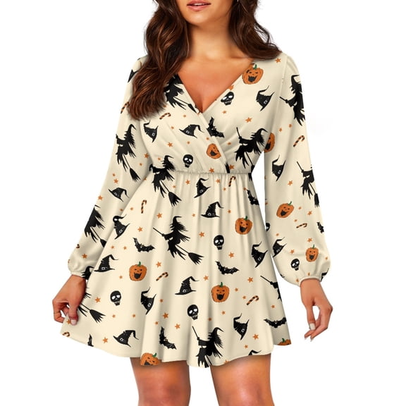 Yuyamidu Witch Long Sleeve Dress Cover Up formal Plus Size Flared Dress Skull Flowy Swing Dresses for Women Size L Casual A-Line Dress Halloween V Neck Elegant Dresses