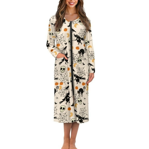 Yuyamidu Witch Womens Zipper Robe Long Lightweight Bathrobe Cobweb Sleepwear Gown Halloween Long Sleeve Robes for Women Plus Size 2XL Ladies Lounge Dresses with Pockets