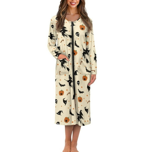 Yuyamidu Witch Zip Long Sleeve Bathrobes for Women Pumpkin Crew Neck Robes Halloween Long Sleeve Bathrobe Breathable Mid-Length Housecoat Size S
