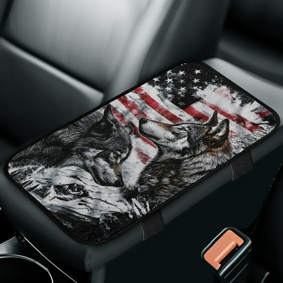 Yuyamidu Wolf Car Arm Rest Cover Cushion American Flag Car Middle Console Cover for Car SUV Sedan Easy to Install Auto Armrest Cover Car Interior Decor Accessories