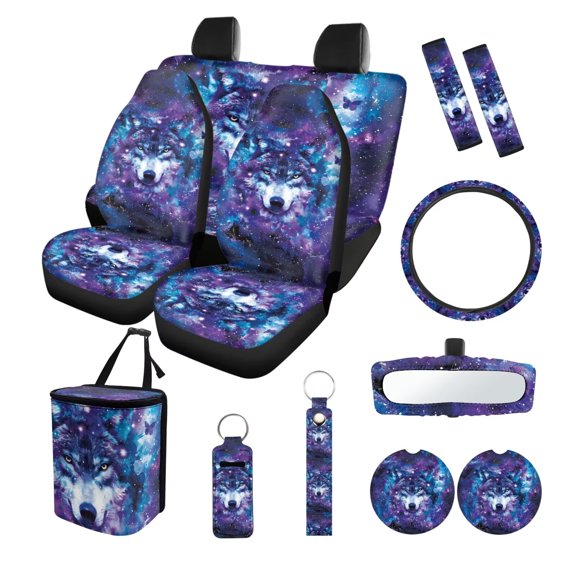 Yuyamidu Wolf Car Interior Accessories Full Set Car Seat Covers Steering Wheel Covers Seat Belt Covers Trash Can Coasters Rear View Mirror Covers Keychains Galaxy Lipstick Covers 13pcs