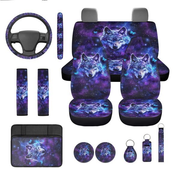 Yuyamidu Wolf Car Seat Cover Purple Galaxy Steering Wheel Cover Seatbelt Pads Auto Armrest Cover Coasters Lipstick Sleeve Pouch Keychain 13pcs Car Accessories Set