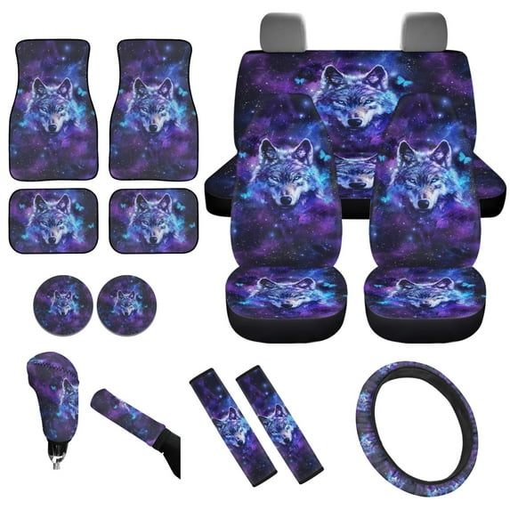 Yuyamidu Wolf Car Seat Cover Set Accessories with Starry Sky Floor Mats Steering Wheel Cover Butterfly Seat Belt Strap Pads Coasters Handbrake Cover Set, 15 PCS