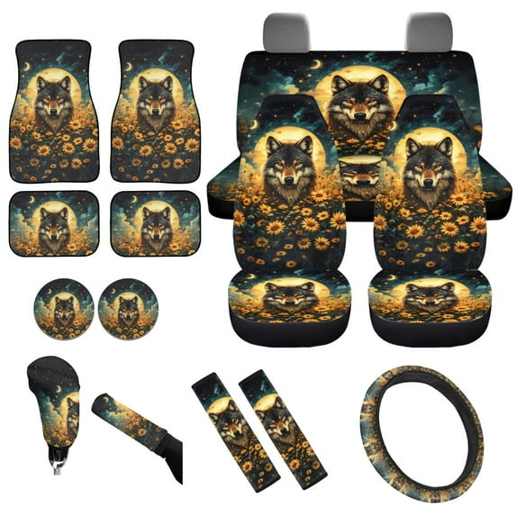 Yuyamidu Wolf Car Seat Cover Set of 15 Sunflower Car Floor Mats Steering Wheel Cover Seat Belt Cover Cup Mat Gear Shift Knob Cover Handbrake Cover
