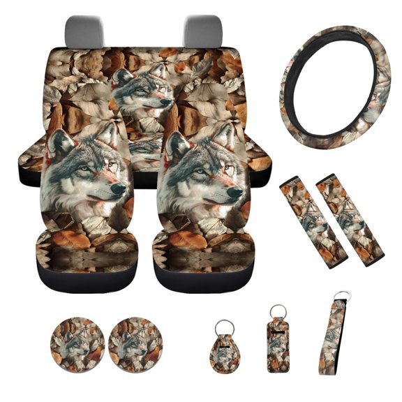 Yuyamidu Wolf Car Seat Covers Full Set with Steering Wheel Cover Camo Hunting Seatbelt Pads Coasters Keyring Chapstick Sleeve Key Chain Universal Fit, 12 PCS