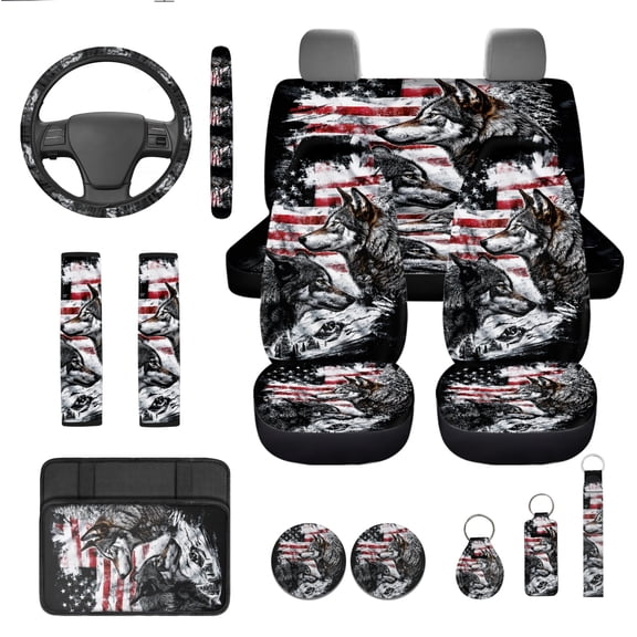 Yuyamidu Wolf Car Seat Covers and Steering Wheel Cover American Flag Seat Belt Strap Pad 4th of July Armrest Pad Keychain Coasters, Set of 13