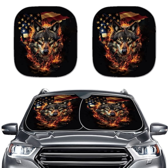 Yuyamidu Wolf Car Sun Shield for Front Windshield 2 Pack American Flag Sunshade for Car Windshield Quick Install Automobile Sun Shade for Truck Van Sedan Car Accessories