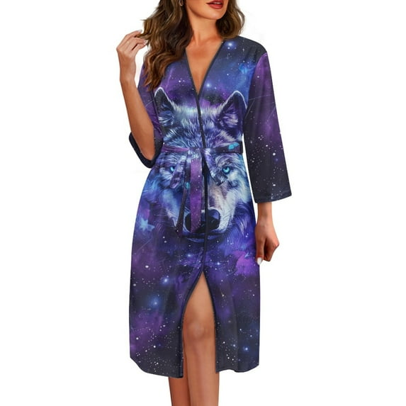 Yuyamidu Wolf Long Bath Robe for Women Galaxy Spa Bathrobes for Girls Party Nightgowns Polyester Pajamas Sleepwear Size 2XL Lightweight Mid-Length Night Robe with Waist Belt