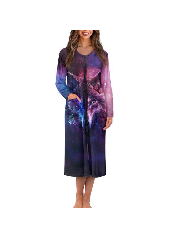 Wolf Long Zip Up Bathrobes for Women Long Sleeve Robes Size 2XL Galaxy Robe Housecoats Lightweight Crewneck Sleep Dress Comfy Zipper Front Loungewear