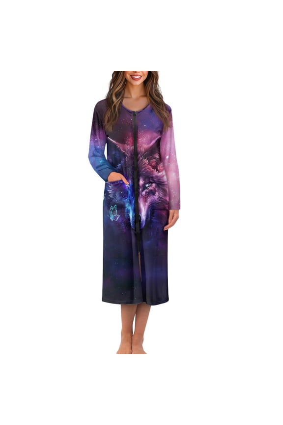 Wolf Long Zip Up Bathrobes for Women Long Sleeve Robes Size 3XL Galaxy Robe Housecoats Lightweight Crewneck Sleep Dress Comfy Zipper Front Loungewear